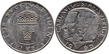 Швеция 1 крона 1999 Карл XVI Густав (1973- ) KM 852a медно-никель 89-441