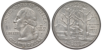 США 25 центов = квотер 2001 Р, серия штаты США, Вермонт KM 321 медь плакированная медно-никелем 4538-1013