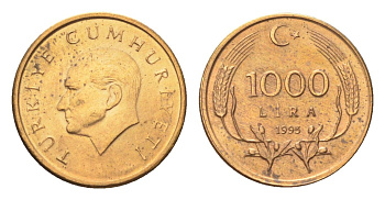 Турция 1000 лир 1995 Кемаль Ататюрк KM 1028 латунь плакированная бронзой UNC 4705-958