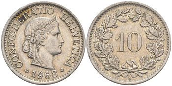 ШВЕЙЦАРИЯ 10 РАППЕНОВ 1968 В KM 27 медно-никель 55-355
