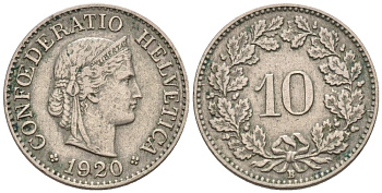 Швейцария 10 раппенов 1920 В KM 27 медно-никель 4576-938