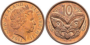 Новая Зеландия 10 центов 2011 маска Маори, Елизавета II (1952-) KM 117а сталь плакированная медью 4610-737