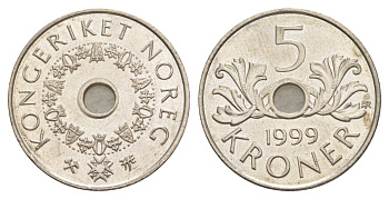 Норвегия 5 крон 1999 Улаф V (1957-1991) KM 463 медно-никель UNC 4635-747