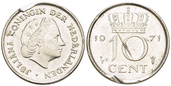 Нидерланды 10 центов 1971 Юлиана (1948-1980) KM 182 никель 214-1251