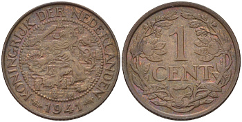 НИДЕРЛАНДЫ 1 ЦЕНТ 1941 ВИЛЬГЕЛЬМИНА (1890-1948) KM 152 бронза 39-117