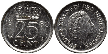 НИДЕРЛАНДЫ 25 ЦЕНТОВ 1980 ЮЛИАНА KM 183 никель 4392-432