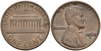 США 1 цент 1964 D, Линкольн KM 201 медь цинк 4564-439
