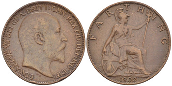 Великобритания 1 фартинг 1902 Эдуард VII (1901-1910), KM 792, Spink 3992 бронза 4543-946