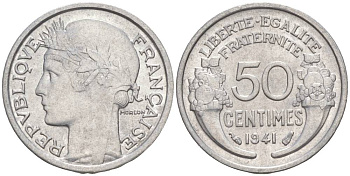 ФРАНЦИЯ 50 САНТИМОВ 1941 ТИП MORLON LOURDE KM 894.1a, LE FRANC 193.2 алюминий 44-223