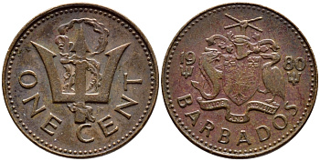 Барбадос 1 цент 1980 сломанный трезубец Британии KM 10 бронза 4396-1261
