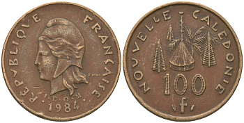 Французская Новая Каледония 100 франков 1984 хижина среди сосен и пальм, (IEOM) KM 15, Schoen 16, Lec 134 никель бронза 88-334