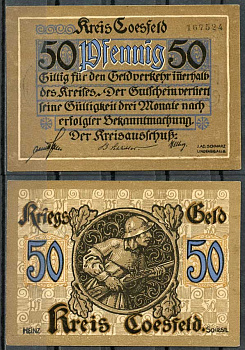 Германия, Косфельд 50 пфеннигов 1918 нотгельд, 6 цифр в номере Tieste 1185.05.02 бумага UNC (пресс) 444-77-2-2