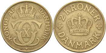 Дания 2 кроны 1939 Кристиан X (1912-1947) KM 825.2 алюминиевая бронза 4367-934