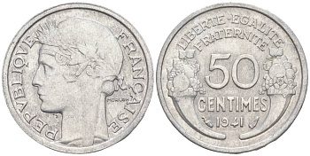 ФРАНЦИЯ 50 САНТИМОВ 1941 ТИП MORLON LOURDE KM 894.1a, LE FRANC 193.2 алюминий 44-228