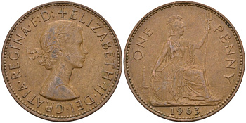 Великобритания 1 пенни 1963 Елизавета II (1952-2022) KM 897, Spink 4157 бронза 4574-222