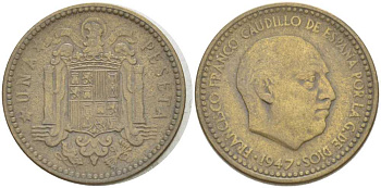 ИСПАНИЯ 1 ПЕСЕТА 1947 ФРАНСИСКО ФРАНКО ДИКТАТОР ИСПАНИИ (1939-1975) KM 775 алюминиевая бронза 213-131