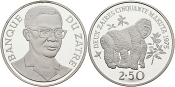 Заир 2,5 заира 1975 серия защита окружающей среды, гориллы, тираж 6629 экз. KM 9 серебро PROOF 00-00