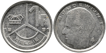 БЕЛЬГИЯ 1 ФРАНК 1991 BELGIE KM 171 сталь плакированная никелем 99-1242