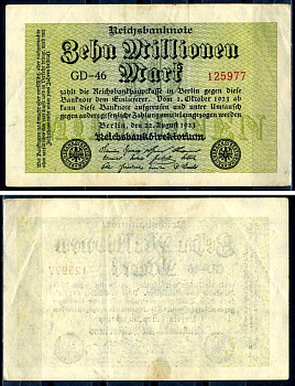 Германия 10000000 марок 1923 22 августа 1923, серия GD Pick 106 a бумага 7552-62-2-1