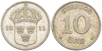 Швеция 10 эре 1909 W, Густав V (1907-1950) KM 780 серебро 116-1143