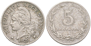 Аргентина 5 сентаво 1909 KM 34 медно-никель 4621-1034