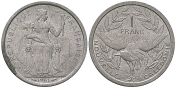 Французская Новая Каледония 1 франк 1981 птица кагу, (IEOM) KM 10, Schoen 10, Lec 44 алюминий    51-1817