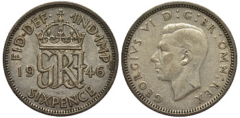 Великобритания 6 пенсов 1946 Георг VI (1936-1952) KM 852, Spink 4084 серебро 4538-641