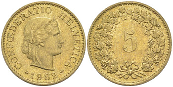 Швейцария 5 раппенов 1982 KM 26с алюминий латунь 105-554