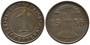 ГЕРМАНИЯ 1 РЕЙХСПФЕННИГ 1936 A KM 37, J. 313 бронза 39-1121