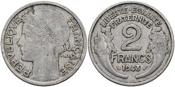 Франция 2 франка 1948 KM 886а.1 алюминий 4589-623