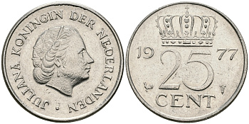 Нидерланды 25 центов 1977 Юлиана (1948-1980) KM 183 никель 96-246