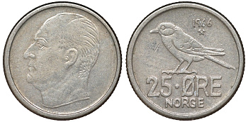 Норвегия 25 эре 1966 Улаф V (1958-1991), синица KM 407 медно-никель 51-2927