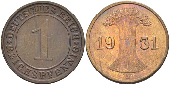 Германия 1 рейхспфенниг 1931 A KM 37, J. 313, Weege 2 бронза 206-834
