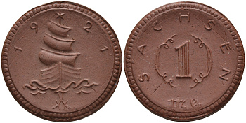 Саксония 1 марка 1921 парусник J. N 55 фарфор 1094-4-85