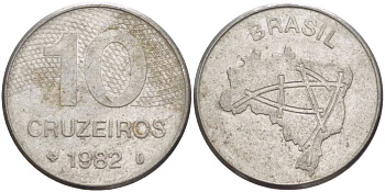 Бразилия 10 крузейро 1982 карта Бразилии KM 592.1 нержавеющая сталь 4388-235