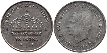 Швеция 1 крона 2002 Карл XVI Густав (1973- ) KM 894 медно-никель 4364-1525