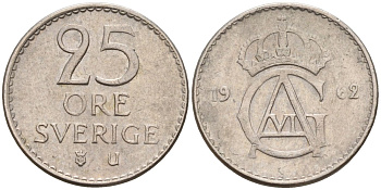 Швеция 25 эре 1962 U, Густав VI Адольф (1950-1973) KM 836 медно-никель 4147-1121
