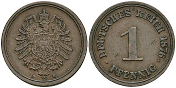 Германия 1 пфенниг 1876 D, Вильгельм I (1871-1888) KM 1, J. 1 медь 4608-551