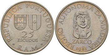 Португалия, Мадейра 25 эскудо 1981 Жуан Гонсалвиш Зарку KM 4 медно-никель UNC 4592-213