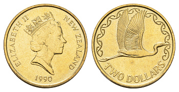Новая Зеландия 2 доллара 1990 Елизавета II (1952-2022), большая белая цапля KM 79 алюминиевая бронза aUNC 4671-541