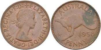 Австралия 1 пенни 1958 КЕНГУРУ, Елизавета II, С ТОЧКОЙ ПОСЛЕ PENNY KM 56 бронза 4542-746