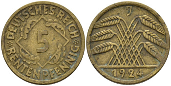 Германия 5 рентенпфеннигов 1924 J KM 32, J. 308 алюминиевая бронза 4151-711