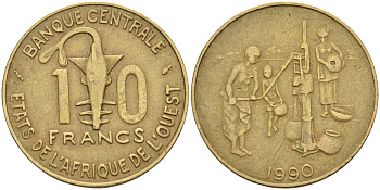 Валютное сообщество стран Западной Африки 10 франков 1990 FAO KM 10 латунь    4595-717