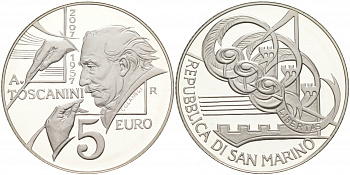 Сан-Марино 5 евро 2007 дирижер Артуро Тосканини KM 474 серебро PROOF 02-069-45