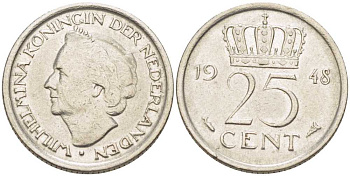 НИДЕРЛАНДЫ 25 ЦЕНТОВ 1948 ВИЛЬГЕЛЬМИНА (1890-1948) KM 177 никель 211-629