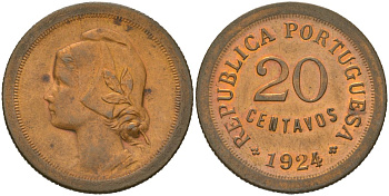 Португалия 20 сентаво 1924 KM 574 бронза 4579-113