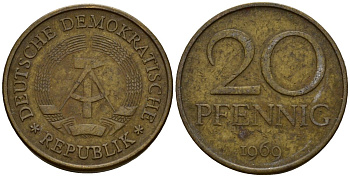 ГДР 20 пфеннигов 1969 A, первый год KM 11 латунь 4601-534