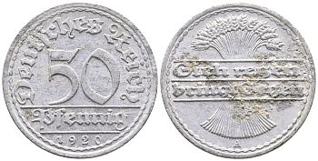ГЕРМАНИЯ 50 ПФЕННИГОВ 1920 A KM 27, J. 301 алюминий 24-946