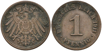 Германия 1 пфенниг 1911 D KM 10, J. 10 медь 4576-214