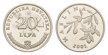 Хорватия 20 липа 2002 четный год KM 7 сталь плакированная никелем UNC 4379-346